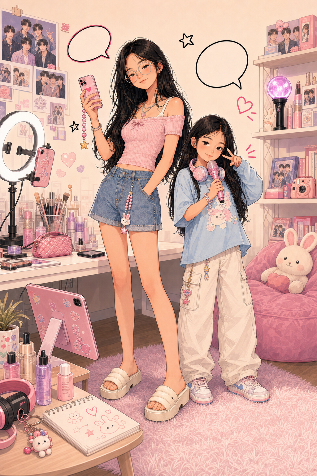 Victoria and Michelle with phones, makeup, skincare, and music gear
